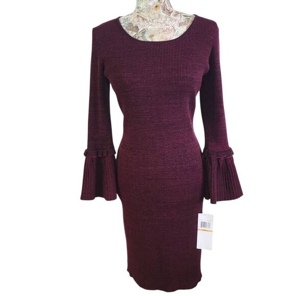 Nina Leonard Red Wine Bell Sleeve Ribbed Sweater Dress BRAND NEW - Picture 4 of 12
